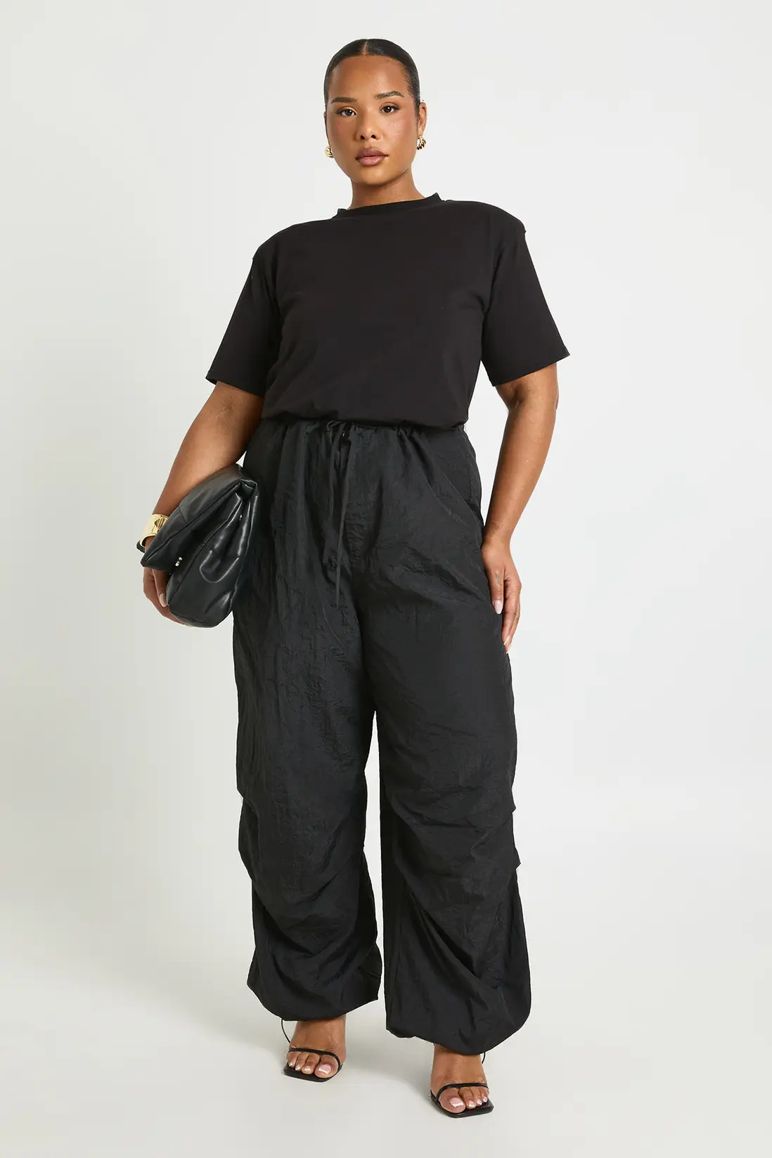Charcoal boohoo Plus Nylon Tie Waist Cargo Trouser | PrettyLittleThing USA | PrettyLittleThing US