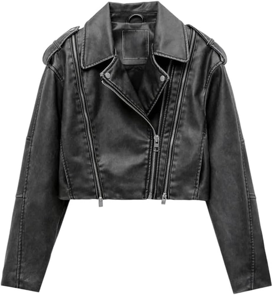 Womens Washed Gray Faux Leather Jacket Cropped Motorcycle Style Casual Vintage Distressed Biker C... | Amazon (US)