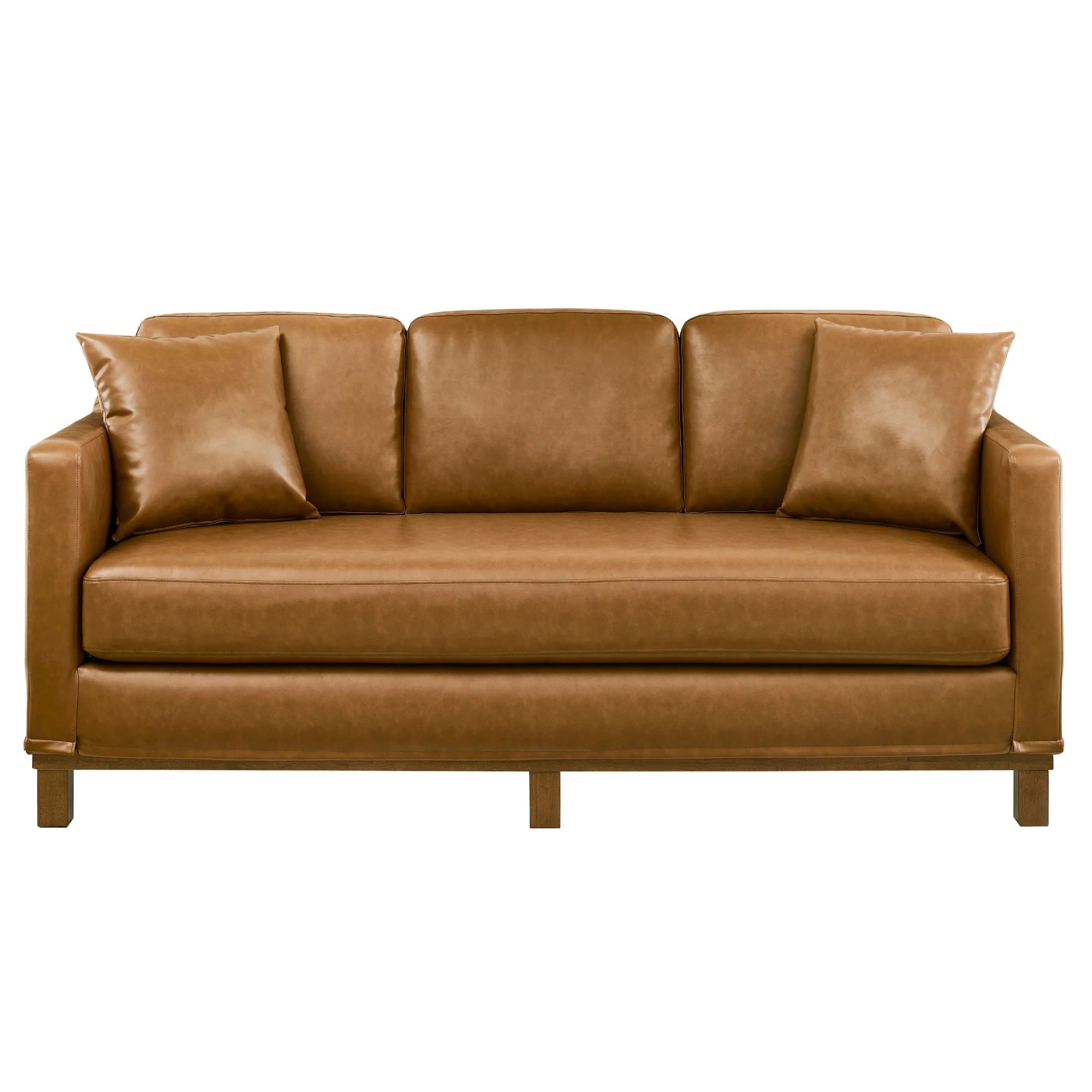 Mayview Barrett Upholstered Sofa with Wood Base, Faux Leather, Glossy Camel | Walmart (US)