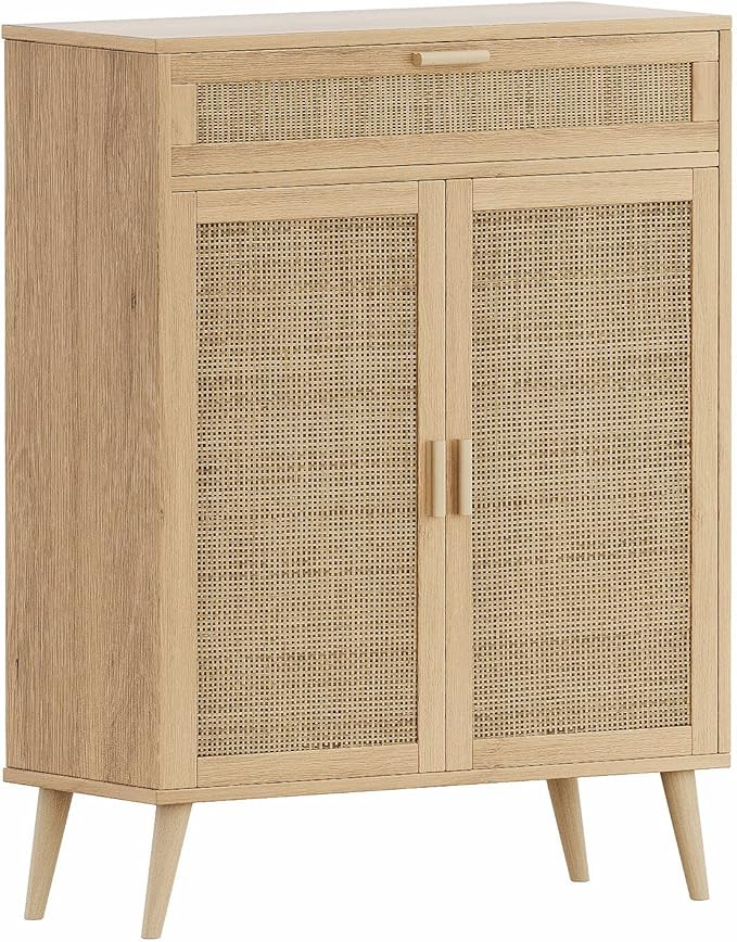 Rovaurx Accent Floor Storage Cabinet with Rattan Doors, Bathroom Cabinet with Large Drawer, Frees... | Amazon (US)