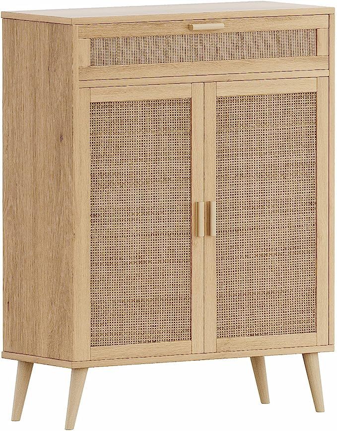 Rovaurx Accent Floor Storage Cabinet with Rattan Doors, Bathroom Cabinet with Large Drawer, Frees... | Amazon (US)
