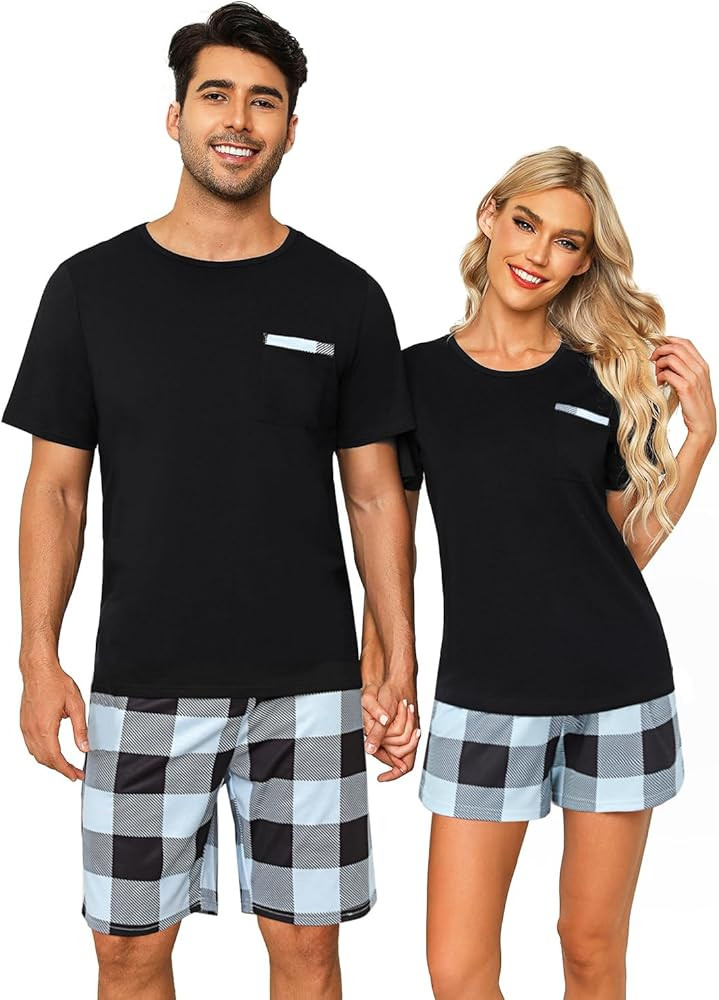 Matching Pajamas for Couples Cotton Lounge Set Short Sleeve Tops and Shorts Soft Sleepwear S-XXL | Amazon (US)