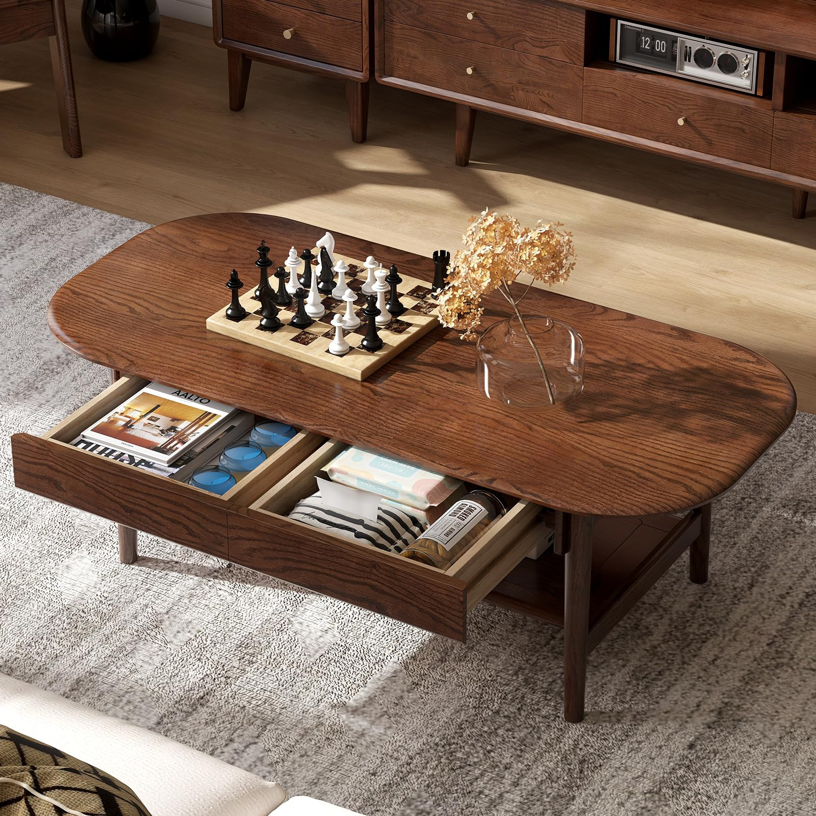 100% Solid Oak Wood Coffee Table for Living Room, 2-Tier Mid-Century Modern Table with 2 Drawers ... | Amazon (US)