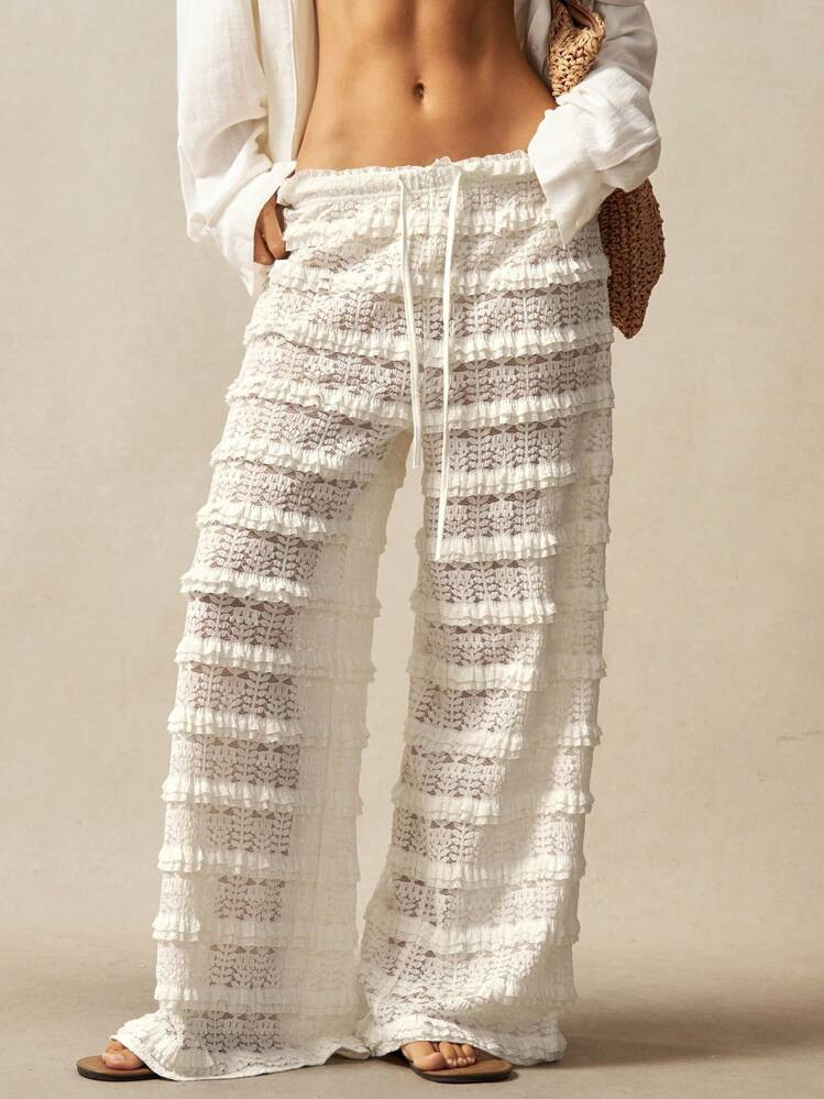 Bohemela Ropa De Abrigo De Estilo Bohemio Para Otoño/Invierno, Pantalones Anchos De Cintura Alta Con Volantes De Encaje De Unicolor De Estilo Casual De Vacaciones Para Mujeres, Casual Para Playa, Vacaciones, Estilo Country Occidental, Conciertos, Adecuado Para Vacaciones, Uso Diario, Regreso A La Escuela, Halloween, Navidad | SHEIN