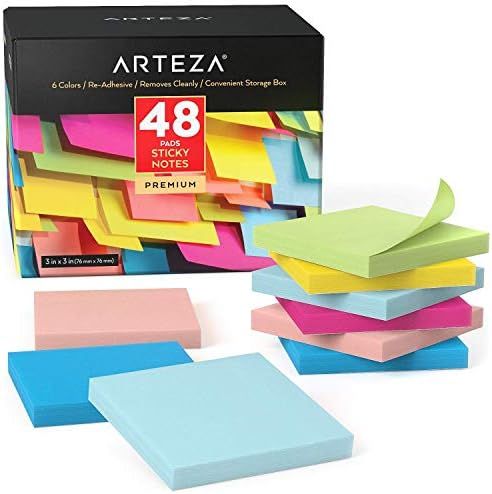 Arteza Sticky Notes, 48 Pads, 100 Sheets Each, 3 x 3 Inches, 6 Assorted Colors, Re-Adhesive, Offi... | Amazon (US)