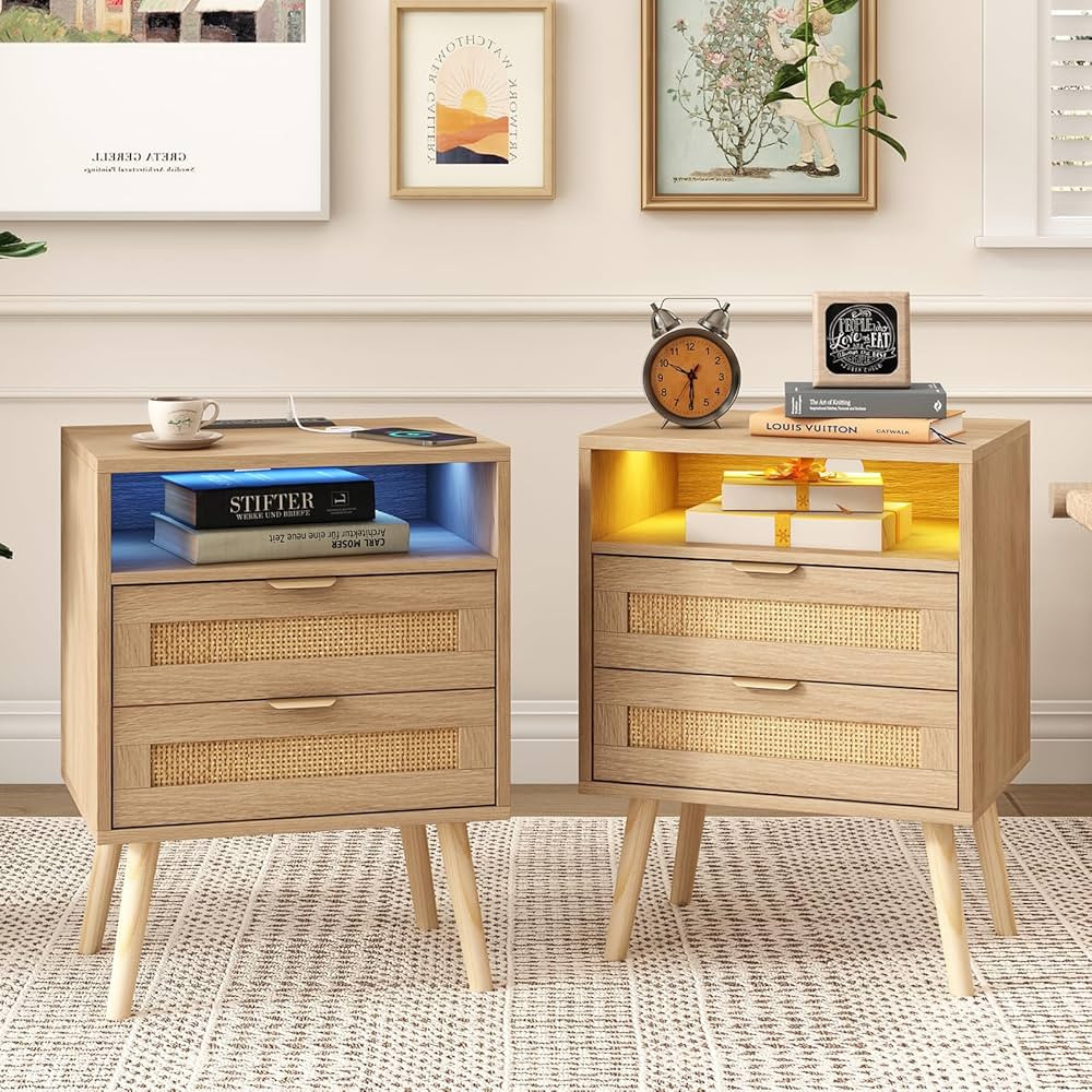 Rattan Nightstands Set of 2 with Charging Station and Led Lights, End Tables with 2 Drawers and W... | Amazon (US)