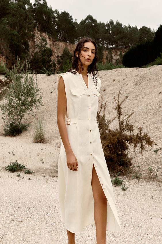 MIDI DRESS WITH BELT LOOPS IN A LINEN BLEND | Zara UK