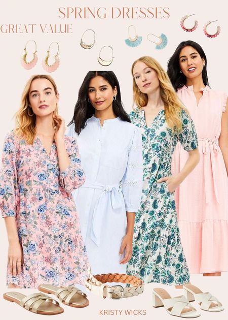Great value on these adorable spring dresses from Loft!  Pair with the adorable earrings and cute slides or heels for an event or casual day out! 
I purchased the pink floral dress in a size 2 regular and it runs TTS.  Love this dress so much will be wearing it a lot this spring/summer!☀️
I also linked my clear sandal/heels. They run tts and go with everything. The heel height is just 2 1/2”. Perfect for comfort. 

#LTKFind #LTKunder100