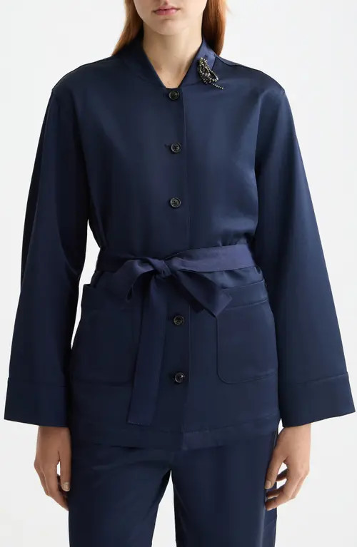 Scotch & Soda Tie Waist Satin Blazer in Peacoat at Nordstrom, Size X-Large | Nordstrom