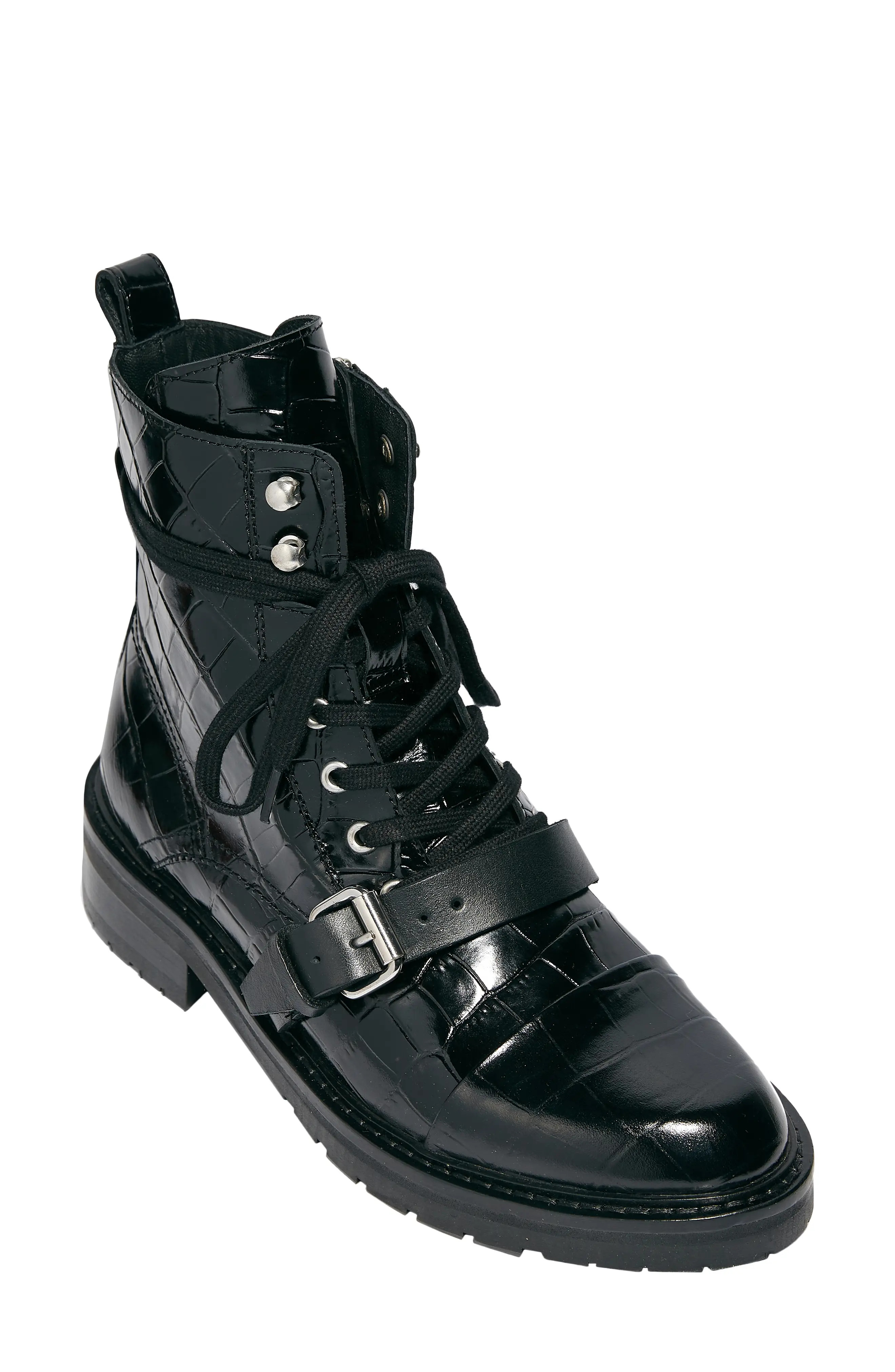 AllSaints Donita Combat Boot in Black Croc Leather at Nordstrom, Size 8Us | Nordstrom