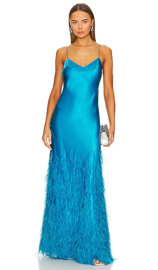 Hansal Gown in Lake Blue Satin + Feathers | Revolve Clothing (Global)