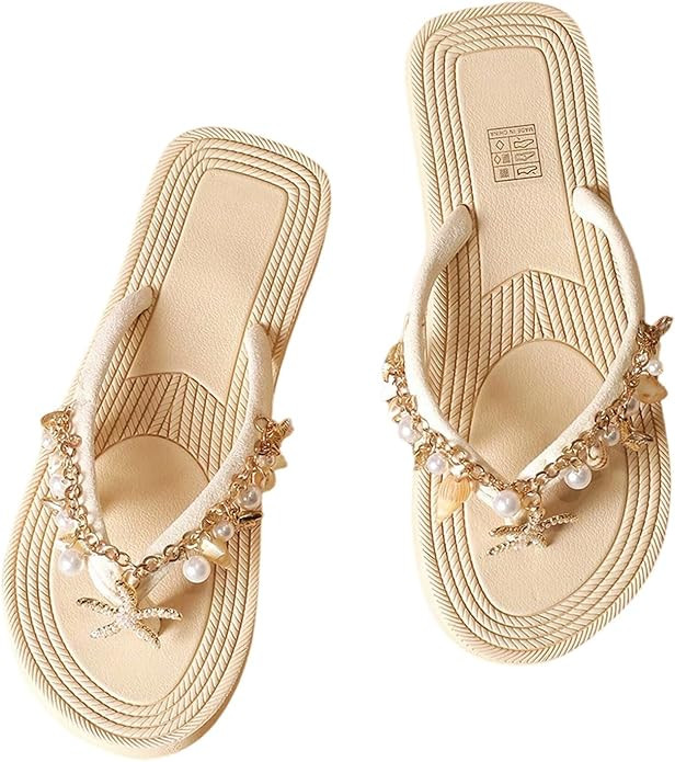 Verdusa Women's Boho Starfish Pearl Rhinestone Thong Sandals Open Toe Slip on Flip Flop Sandals | Amazon (US)