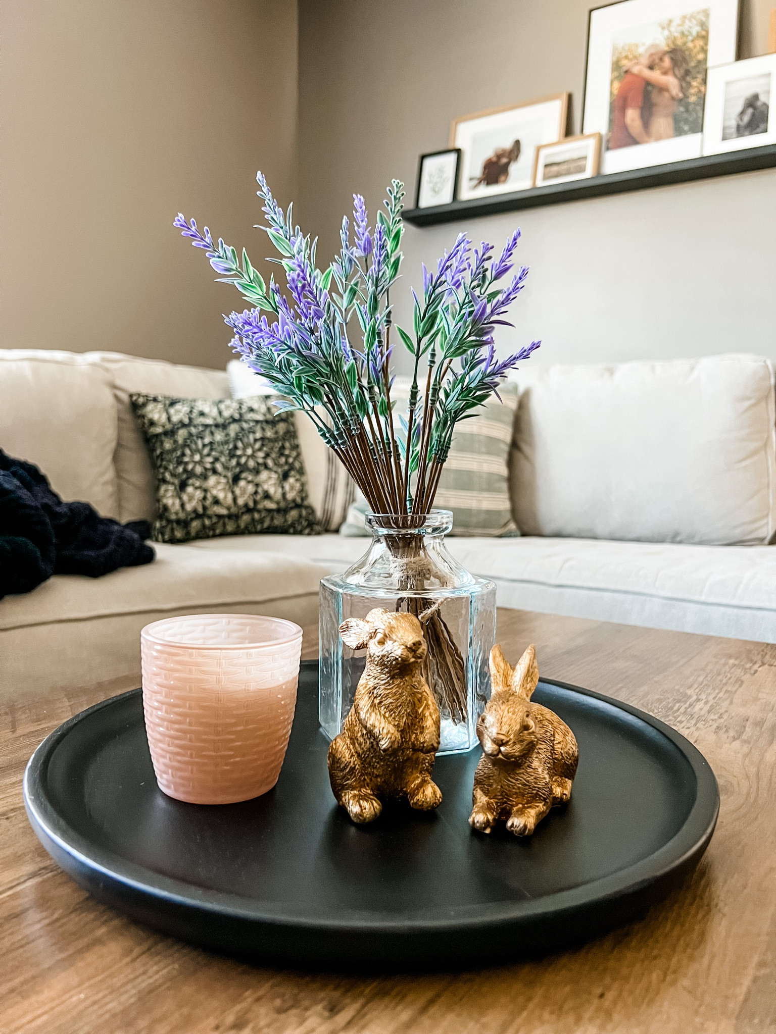 Easter coffee table decor 

Easter decor, coffee table, faux lavender, gold bunnies, throw pillows 