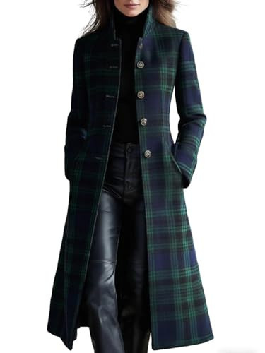 CHARTOU Women Long Wool Plaid Pea Coat Fall Winter Casual Single Breasted Midi Trench Overcoat Outwear(Large,Green) | Amazon (US)