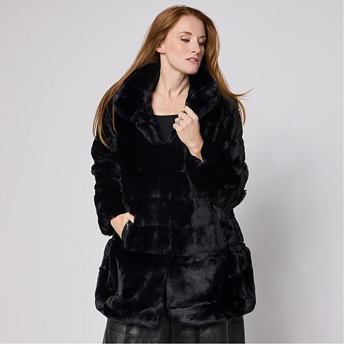 Nina Leonard Horizontal Stripe Faux Fur Jacket - Black - Size 2X | HSN