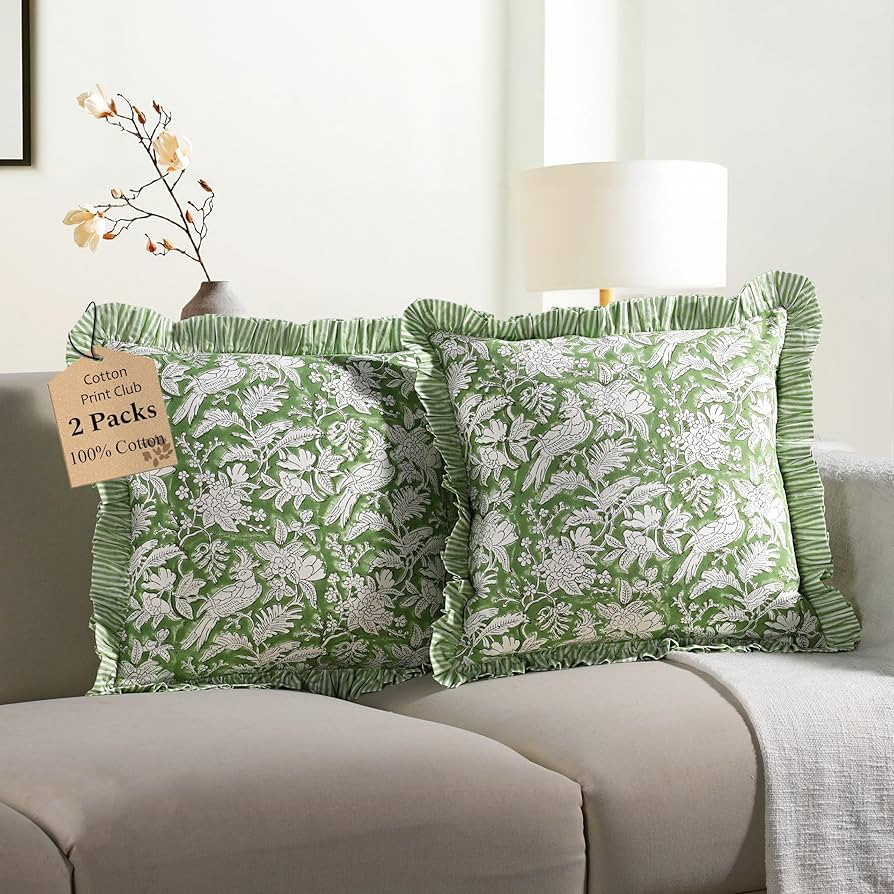 CPC Olive Green Ruffle Throw Pillow Covers for Couch, 18x18 Inch Cotton Stripe Ruffle Couch Pillo... | Amazon (US)