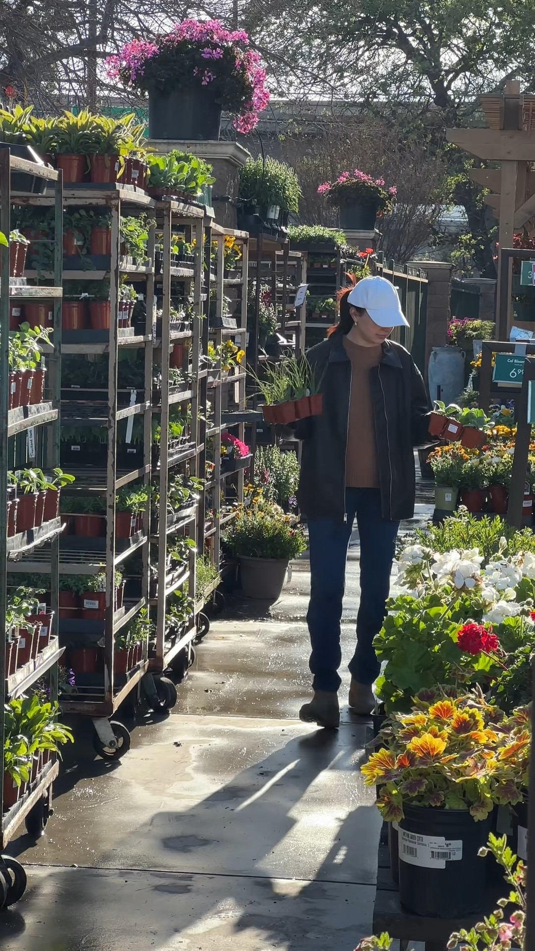I love a quick trip to our local garden nursery! It’s fun to see which starter plants they have in stock to see what I can add to our garden! 🪴
I’m wearing my favorite oversized faux leather jacket (it’s the perfect lightweight layer), a warm brown knit sweater underneath, classic Levi’s straight-leg jeans, ankle boots, and a soft baseball cap to block the sun while I shop for seedlings.
Everything’s comfy, casual, and practical for getting your hands a little dirty—but still cute enough to hit up the farmers market after! 