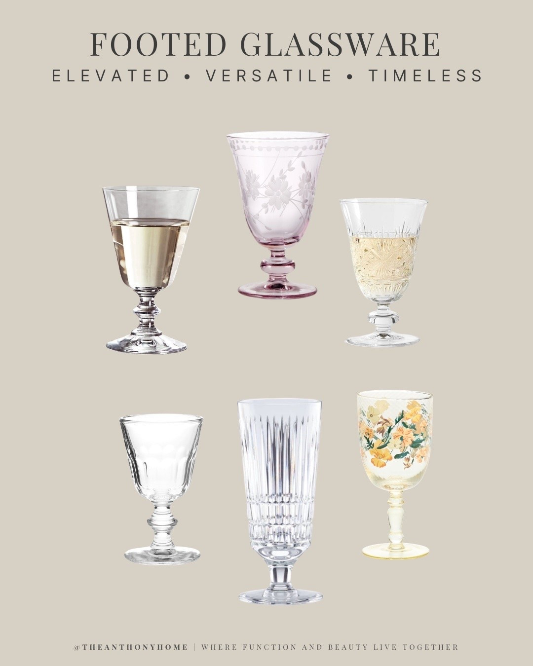 Footed glassware instantly makes a table feel more elevated, even when the drink itself is simple. 

I use these for mocktails, spritzers, sangria, water, and other festive drinks. 

My collection has grown slowly over many years of hosting and secondhand shopping, so I included exact matches where possible and the closest alternatives for pieces that are no longer available.

#LTKfoodie #LTKHome