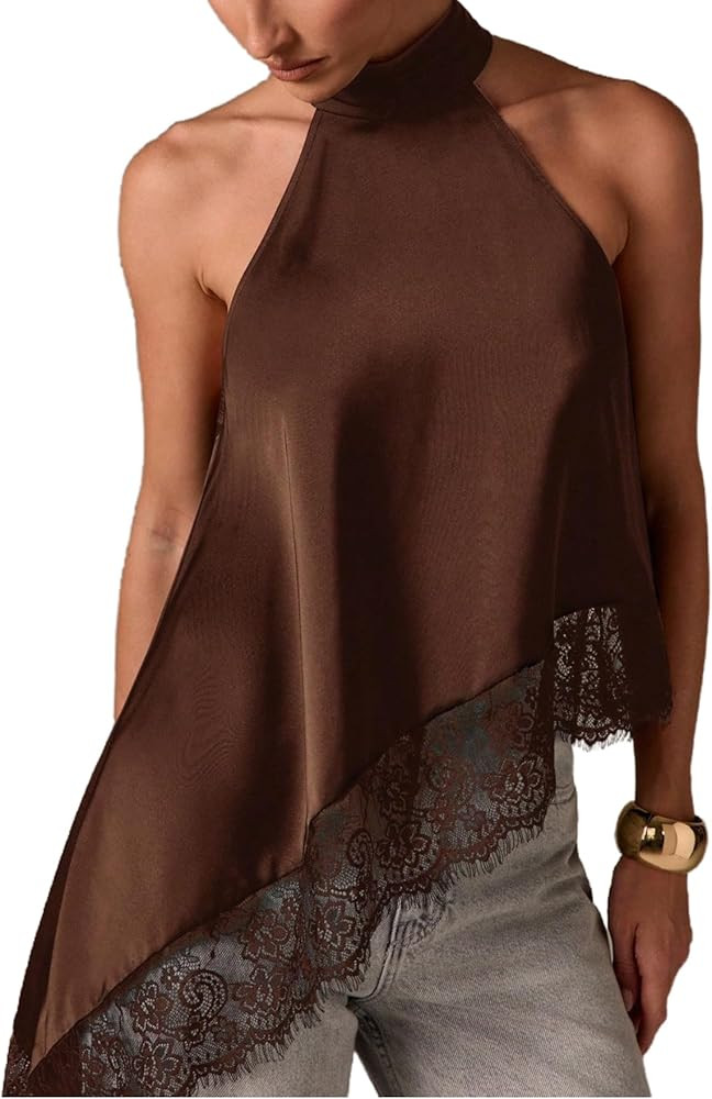 Milumia Women's Y2k Halter Mock Neck Sleeveless Top Lace Asymmetrical Hem Going Out Tank Tops | Amazon (US)