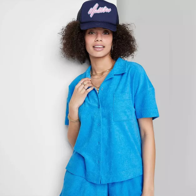 Women's Ascot + Hart Terry Cloth Short Sleeve Button-Down Graphic Top - Blue | Target