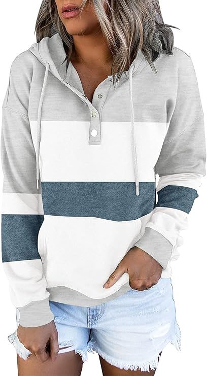 ETCYY Women's Color Block Hoodies Tops Long Sleeve Casual Drawstring Button Down Pullover Sweatsh... | Amazon (US)