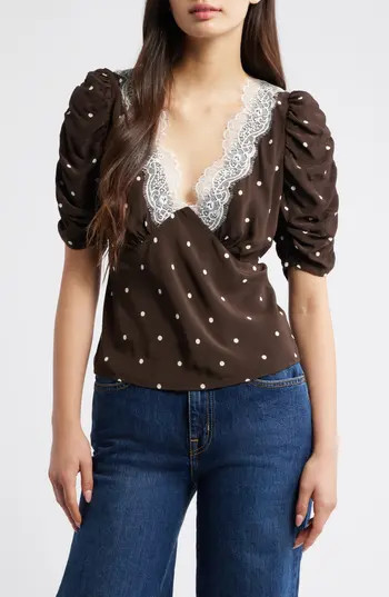 Rails Lazara Lace Trim Polka Dot Top in Cocoa Polka Dots at Nordstrom Rack, Size X-Large | Nordstrom Rack