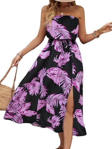 Women's Ruffle Floral Maxi Summer Casual Dress Off Shoulder Wedding Guest Slit Hem Beach Prom Dresses 7225 Black Purple L | Amazon (US)