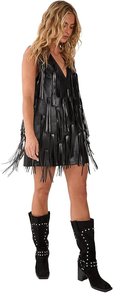 Nasty Gal Faux Leather Tassel Plunge Mini Dress | Amazon (US)