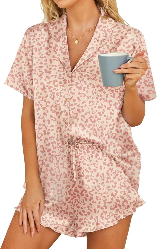 HOTOUCH Womens Satin Pajamas Set Button Down 2 Piece Silk Pjs Shorts Set Ruffle Lingerie Notch Co... | Amazon (US)