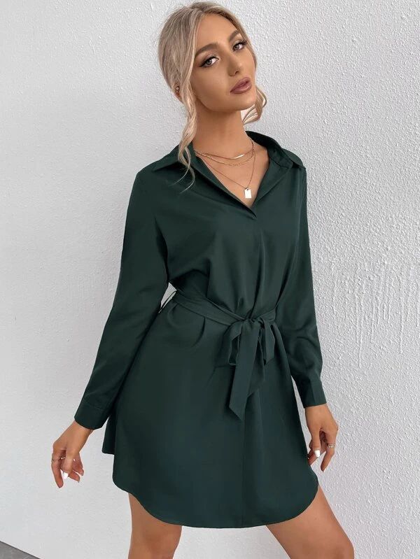 Solid Collar Belted Dress | SHEIN