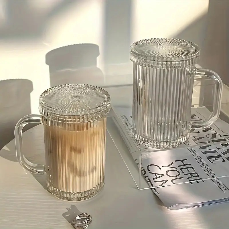 1pc, Vertical Striped Glass Cup With Lid, Water Cup, Iced Coffee Cups, Drinking Glasses For Juice... | Temu Affiliate Program