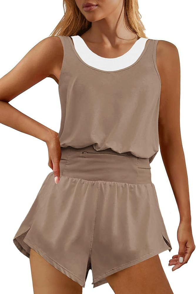 Nirovien Womens Sleeveless Workout Romper Racerback Running Onesie Athletic One Piece Jumpsuits w... | Amazon (US)