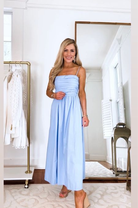 Blue dress : sized to a regular length instead of my normal petite to give this dress a more maxi length rather than a midi cut . 

Linking the wide strap version of this dress 🤍🤍

—-
Summer dress
Spring dress
Wedding guest dress
Petite dress
Blue dress
Outfit inspo
Summer outfit
Spring outfit 

#LTKSeasonal #LTKsalealert #LTKstyletip