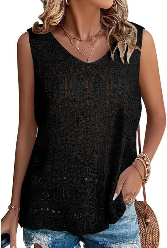 SHEWIN Womens Summer Tank Top for Women 2024 Trendy V Neck Crochet Sleeveless Shirts Sweater Vest | Amazon (US)