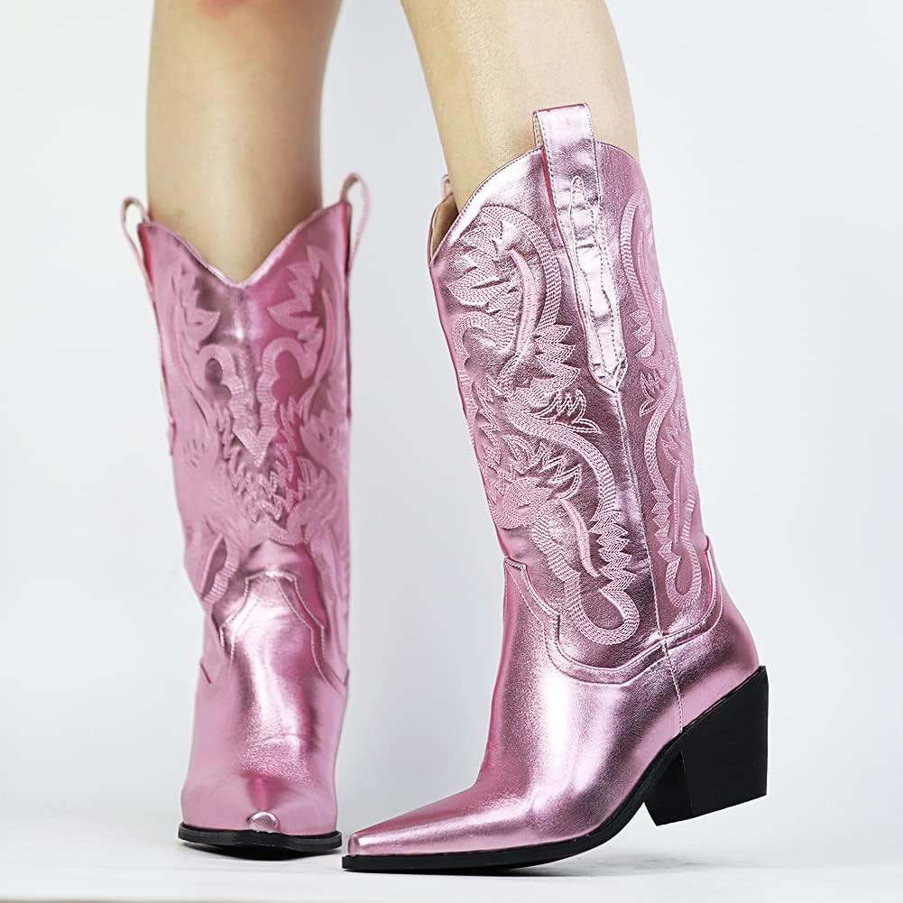 Erocalli Cowgirl Boots Cowboy Boots for Women Western Mid Calf Boots Fashion Retro Pointed Toe Pu... | Amazon (US)