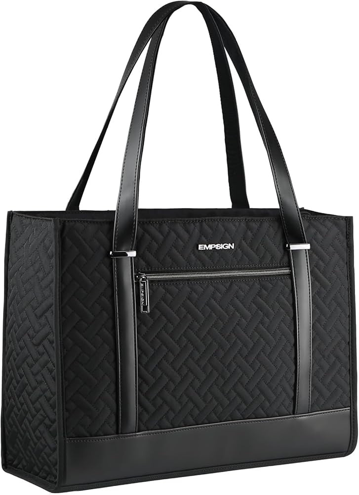 EMPSIGN Laptop Tote bag for women 16 Inch, Stylish Computer Shoulder Tote Bag for Work, Large Capacity Quilted Laptop Briefcase, Waterproof Women Business Office Bag, Quilted Black | Amazon (US)