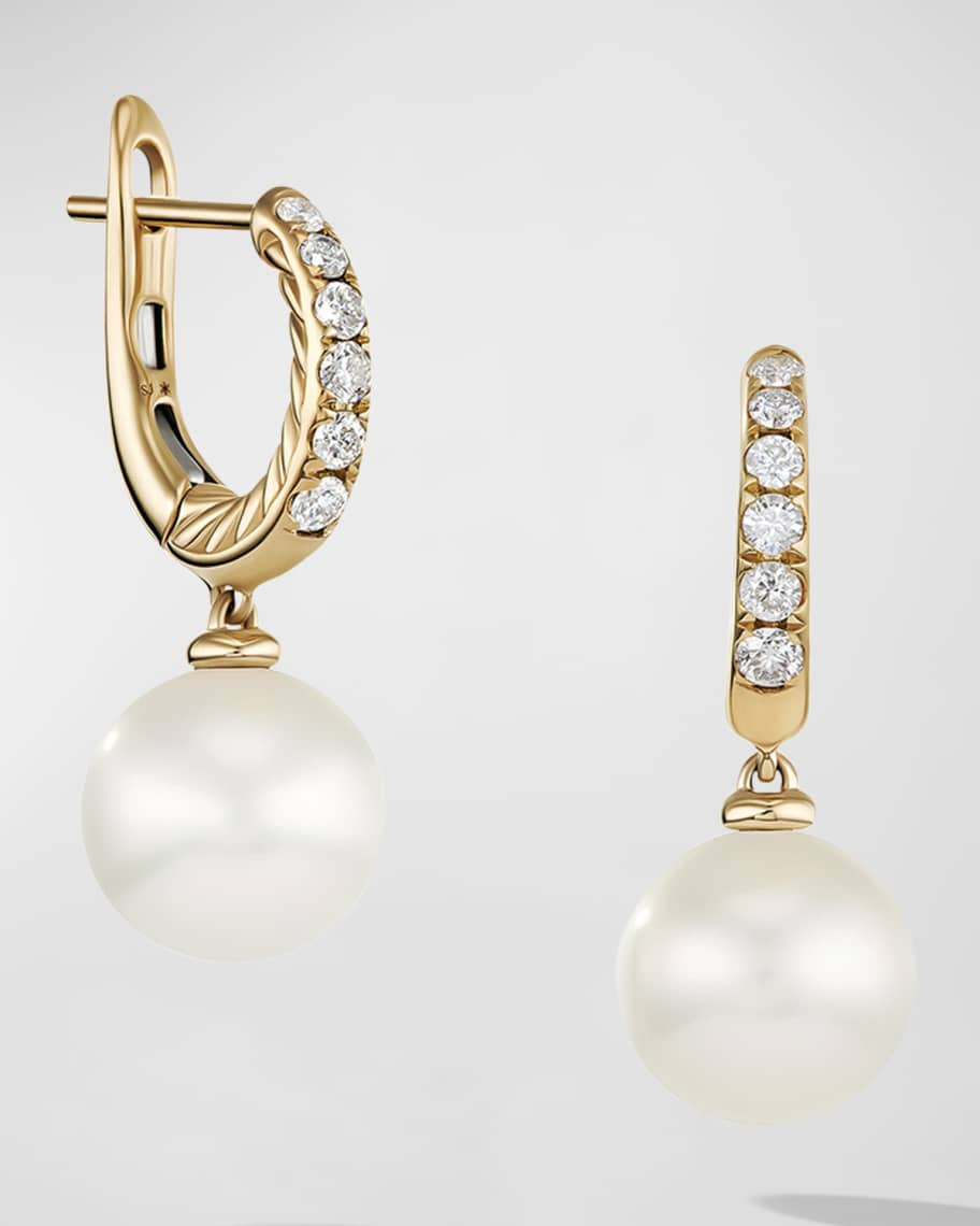 David Yurman Pearl and Pave Drop Earrings with Diamonds in 18K Gold, 9mm, 0.61"L | Neiman Marcus