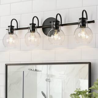 LNC Modern Industrial 28.5 in. 4-Light Black Bath Vanity Light with Clear Globe Glass Shades Powd... | The Home Depot