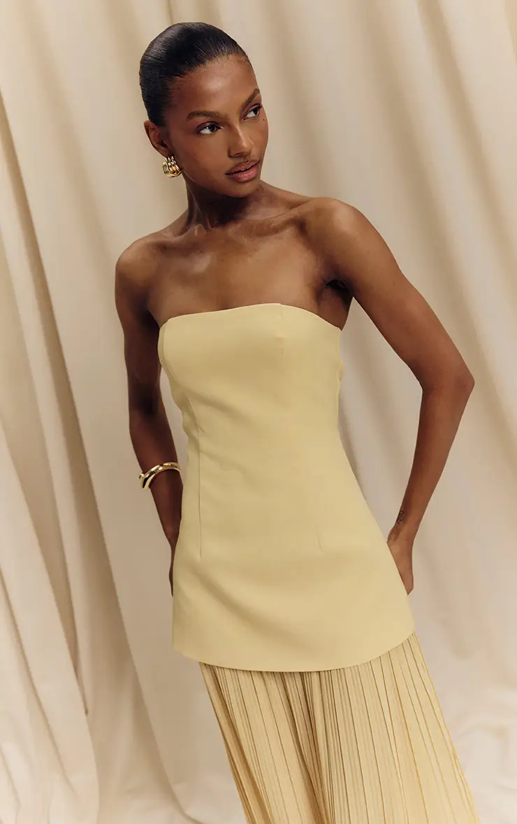 Lemon Chiffon Pleated Skirt Panel Bandeau Maxi Dress | PrettyLittleThing US