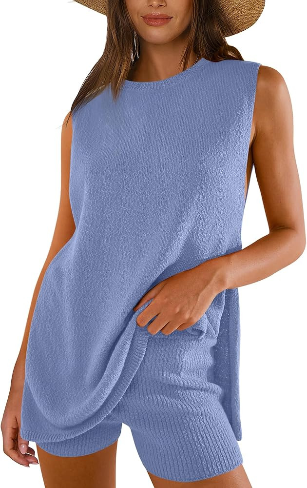 ANRABESS Women Summer 2 Piece Outfits Sleeveless Knit Sweater Top & Shorts Soft Lounge Sets Trave... | Amazon (US)