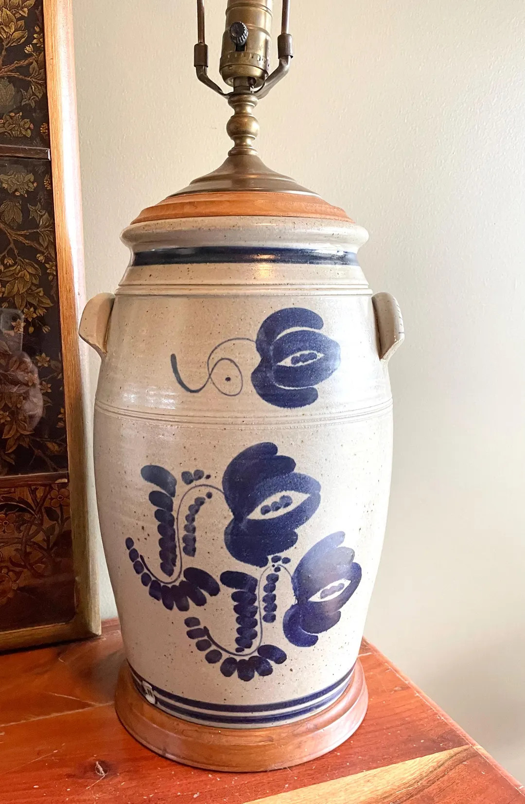 Vintage Pottery Crock Lamp Handpainted Blue Floral | Etsy (US)