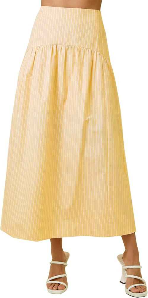 Mannjin Women's Stripe Flared Maxi Skirt with Smocked High Back Waist Long Skirts Summer Beach Va... | Amazon (US)