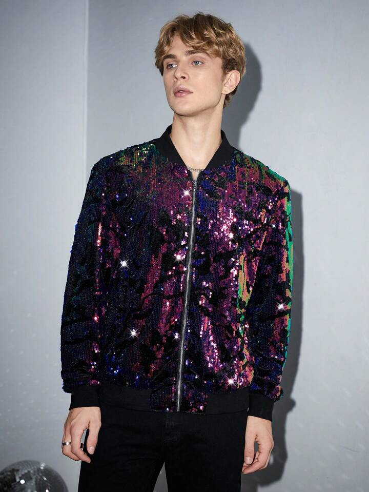 SHEIN Manfinity Fever City Homens Zip Up Lantejoula Jaqueta Bomber | SHEIN