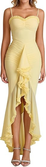 KUTUMAI Elegant Ruffle Long Formal Wedding Guest Dress Ruched Bodycon Slit Maxi Cocktail Dresses ... | Amazon (US)