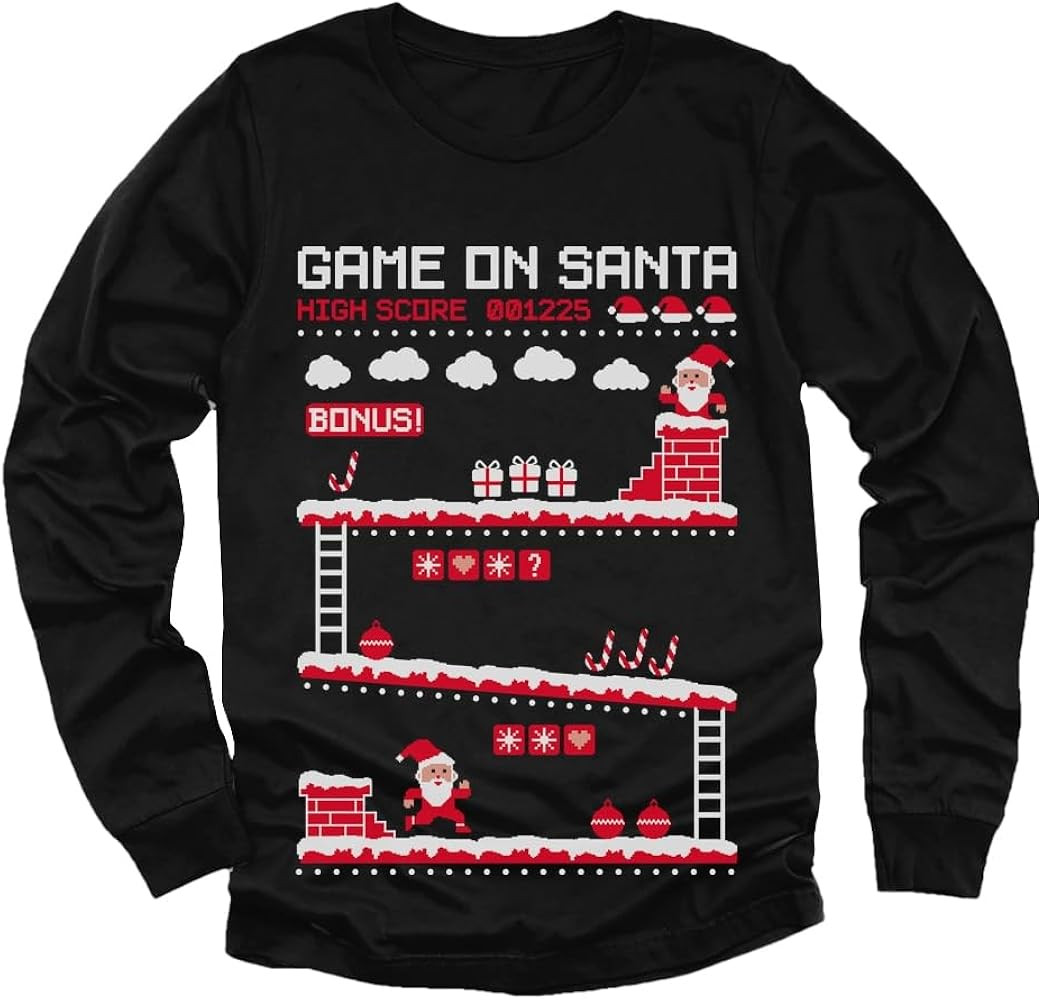 Game On Santa Ugly Christmas Sweater Style Gaming Holiday Xmas Long Sleeve T-Shirt for Youth Kids | Amazon (US)