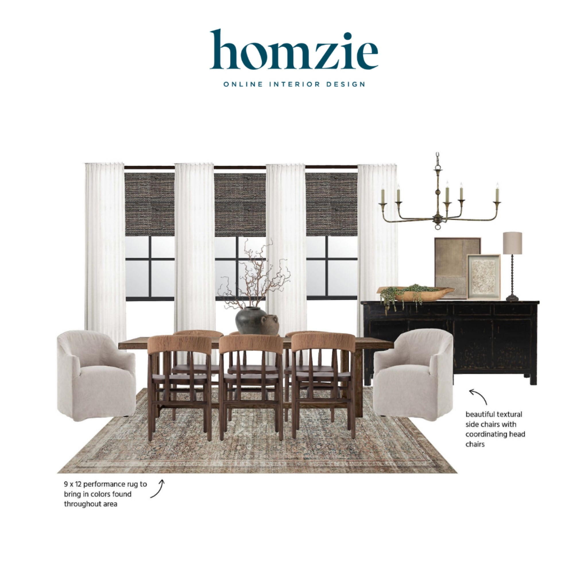 We loved designing this Spanish modern dining room for our virtual interior design client. This space features a bronze-finished light fixture, 6 dark-stained wooden dining chairs, a muted area rug, and a black rustic buffet.

Work 1:1 with a Homzie virtual interior designer for a low flat-rate and receive a custom, shoppable decorating plan! - all online.  Get started homziedesigns.com/work-with-us

#LTKFindsUnder100 #LTKHome #LTKStyleTip