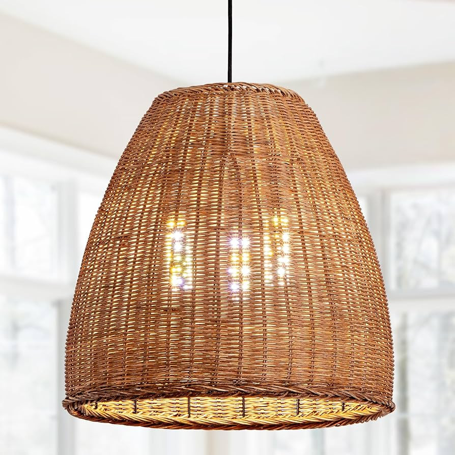 3-Light Dark Curry Rattan Pendant Light,16.54" Rustic Hanging Light,Brown Wicker Pendant Light Ha... | Amazon (US)