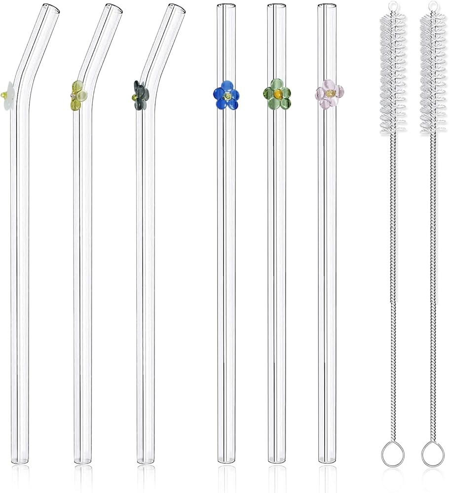 6-Pack Reusable Glass Straws with Flowers,Glass Straws Shatter Resistant,8''x8 MM,6 Bent with 2 C... | Amazon (US)
