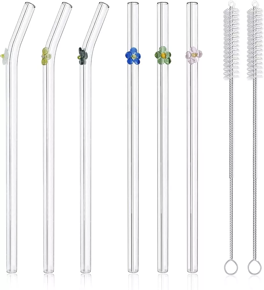 8 Pcs Reusable Glass Straws with Flower Butterfly Glass Straws Clear  Shatter Resistant Bent Straws Colorful Floral Straws Cute Reusable Straws  with 2