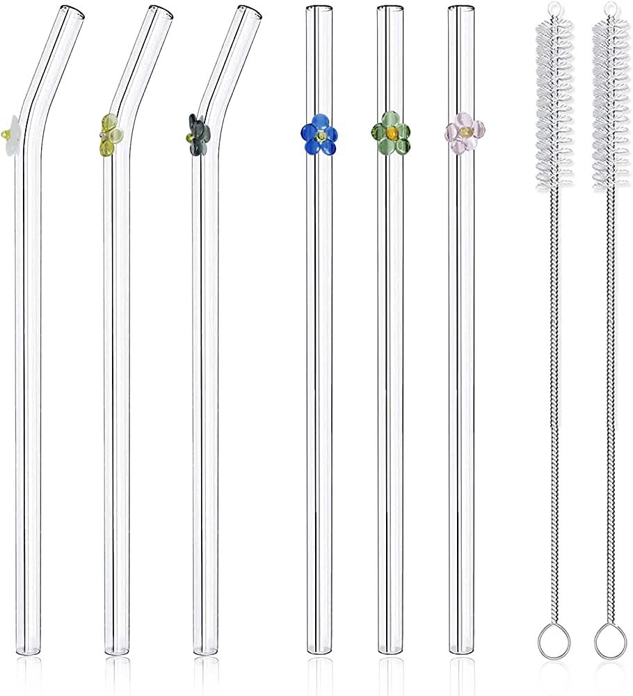 6-Pack Reusable Glass Straws with Flowers,Glass Straws Shatter Resistant,8''x8 MM,6 Bent with 2 C... | Amazon (US)